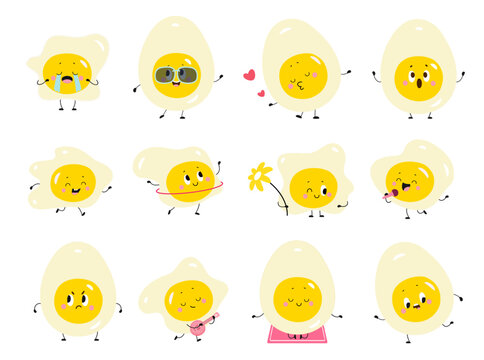 Eggs characters. Fried and cooked egg crying, in love, meditated, play music and doing exercises. Cartoon food for breakfast meals, nowaday vector set