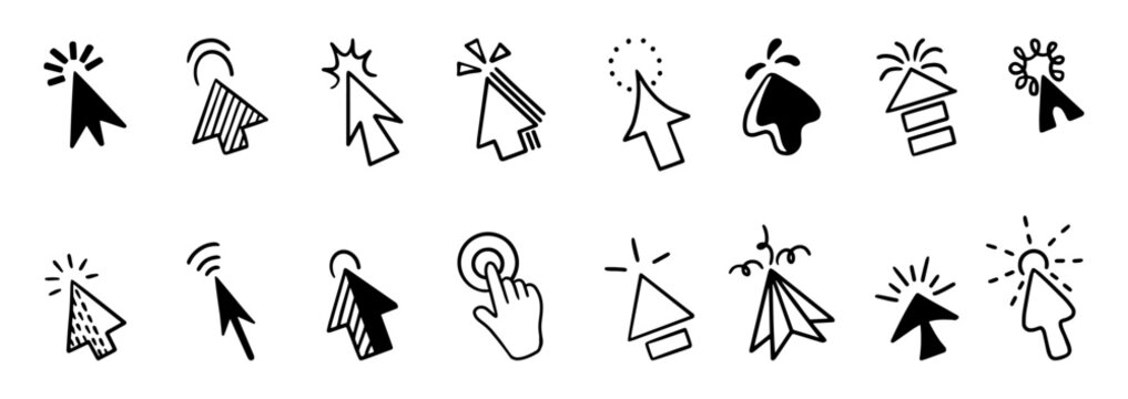 Doodle click icons. Mouse arrow pointer and finger for user interface navigation. Cursor with clicks details, press buttons, selection elements neoteric vector set