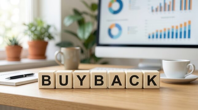 Wooden cube blocks spelling BUYBACK on an analyst desk with performance graphs on a monitor.