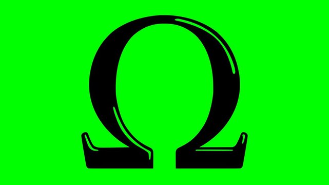 greek letter omega symbol with solid black fill on chroma key green screen background for easy compositing. Minimalist doodle illustration for education, science, or alphabet design