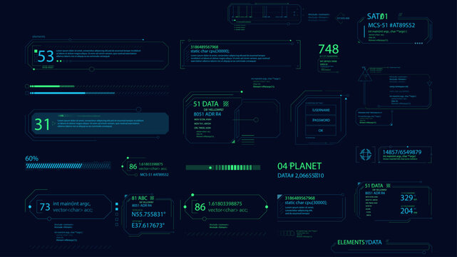 Control system with HUD interface, screen monitor with 3D earth globe, UI frames, charts, diagram, data. 25