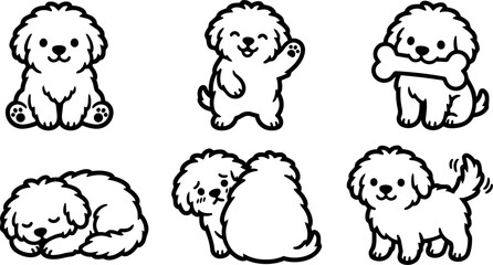 Obraz premium Black and white cartoon bichon frise puppies in various poses vector art