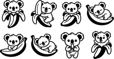 Fototapeta premium Black and white line art koalas with bananas in various poses