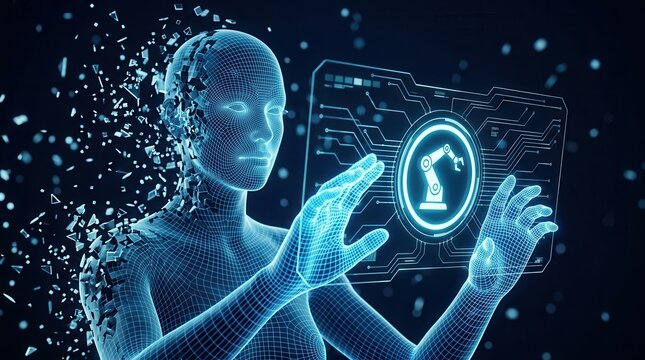 Artificial Intelligence and RPA concept featuring a digital human avatar interacting with a touch screen interface.