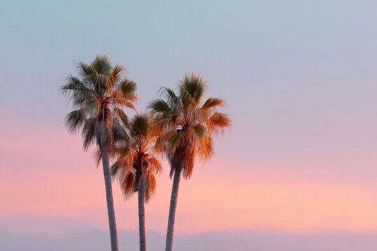 Palm sunset pastal sky bokeh with three slender tropical palms against a soft pink orange twilight sky