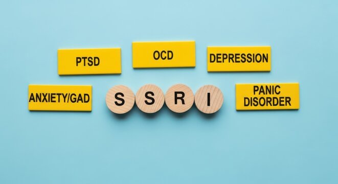SSRI medication concept for mental health, antidepressant treatment for depression and anxiety, PTSD and OCD medical therapy on blue background