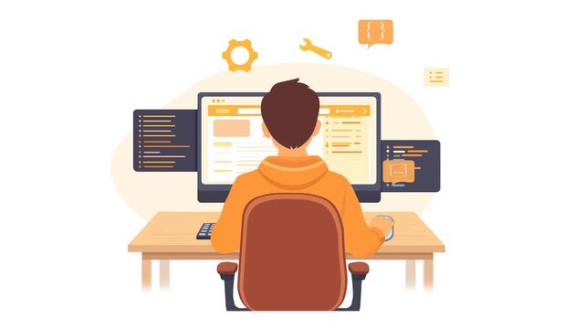 Modern Flat Animation Of A Developer Working On A Computer With Code Screens, Programming Symbols, And Coding Elements. Clean Minimal Style. Programmer Software Development Workflow,     