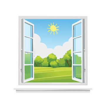 Open window overlooking sunny green landscape with trees and blue sky