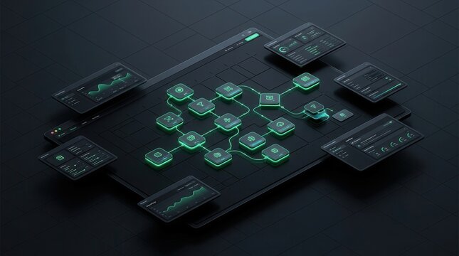 3D rendering of an AI workflow automation software interface with connected nodes and data triggers.