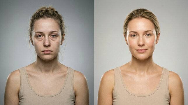 A young Caucasian woman with brown hair in a bun appears on the left with no makeup and on the right with a natural makeup look. The background is neutral and simple.