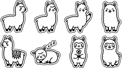 Fototapeta premium Black and white cartoon llama line art in various poses with flower and sleeping variant