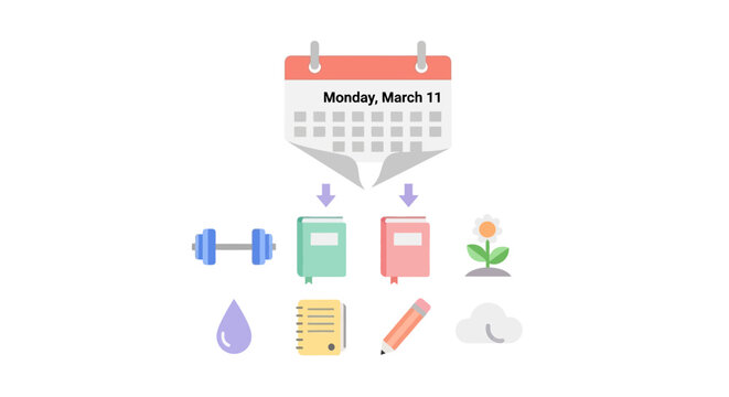 Conceptual illustration showing a calendar with arrows pointing down to icons representing fitness, learning, and growth