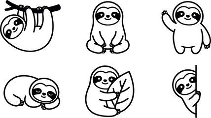 Fototapeta premium Black and white line art set of six cute smiling sloths in various poses