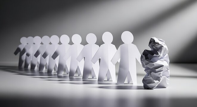 A line of paper figures faces one crumpled figure, symbolizing individuality and isolation