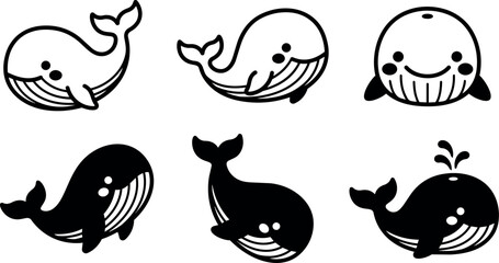 Obraz premium Cute black and white whale characters set with various poses and expressions vector art
