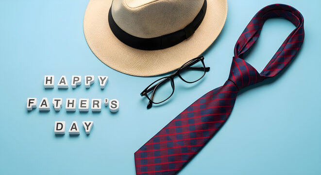 Happy father's day stylish accessories hat tie and glasses for dad