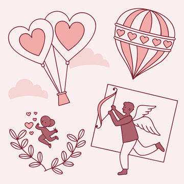 Valentine's day theme with cupid and hot air balloons hand drawn parachute celebration illustration elements collection together affection adventure charming whimsical greeting card