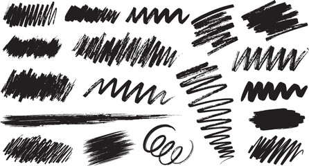 Naklejka premium Collection of abstract black brush strokes and scribble textures on a white background