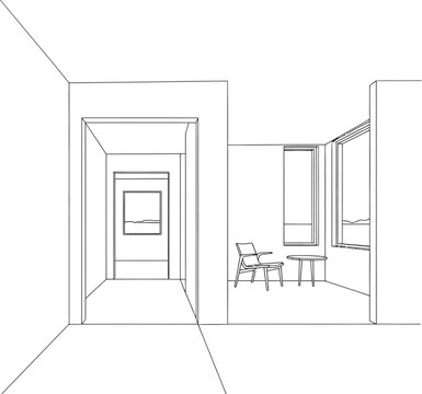 Architectural sketch of a modern building facade with geometric lines and minimalist design