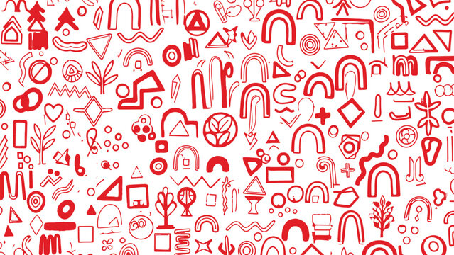 Whimsical red and white doodle pattern an abstract composition of shapes and objects