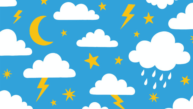 Whimsical weather pattern a playful design featuring clouds lightning stars a moon and raindrops on a blue background