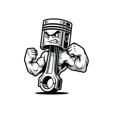 A cartoon piston mascot with a muscular build flexes its biceps with an aggressive expression, depicted in a bold, graphic style against a stark white background