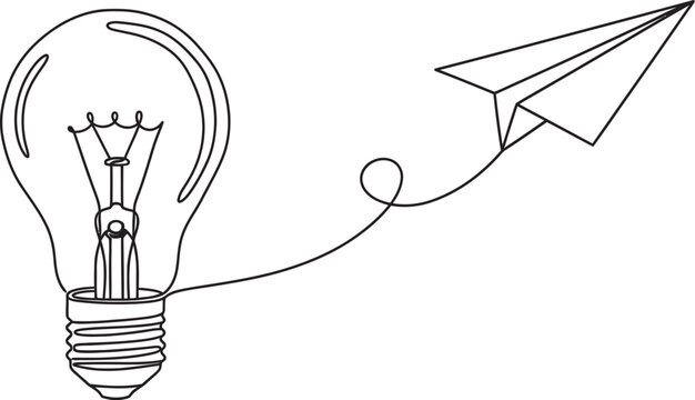 Sketch of an incandescent light bulb with a paper airplane flying from its filament representing innovation