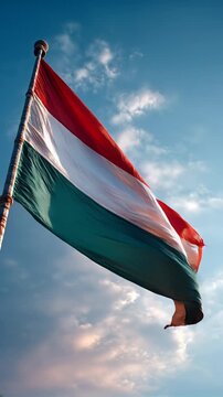 hungarian flag waving in blue sky. flag of hungary