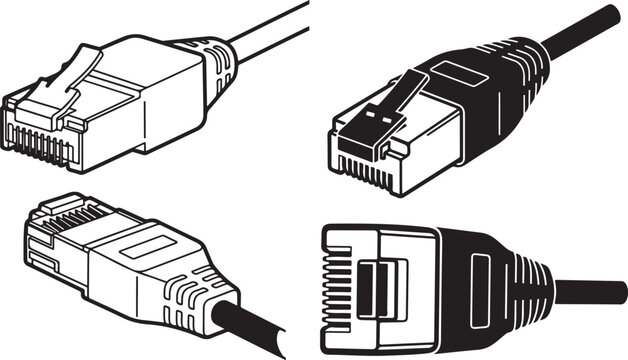 A detailed black outline depicts a rj45 ethernet cable connector showcasing modern technology and network connectivity silhouette.RJ45 connector silhouette vector illustration.