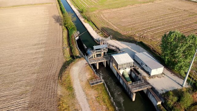 Irrigation Canal with Sluice Gate Piedmont Drone Orbit Shot