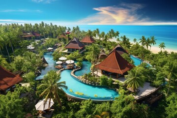 Obraz premium Aerial view showing tropical resort with thatched bungalows, swimming pools, and an ocean beach