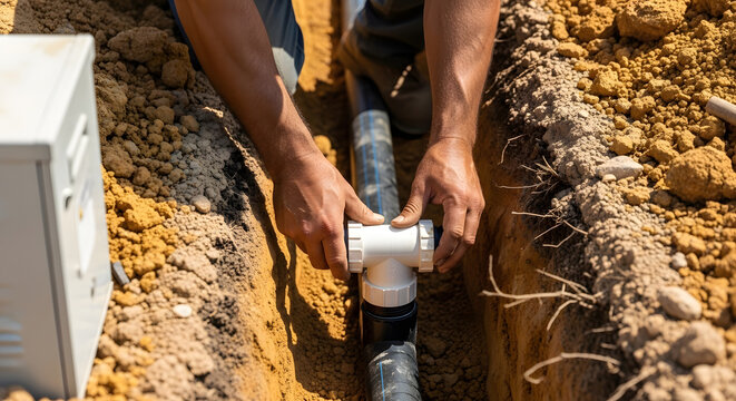 Professional underground pipe installation | Plumber connecting irrigation system pipes | Trenching and utility line maintenance | Close up of hands fixing water pipe
