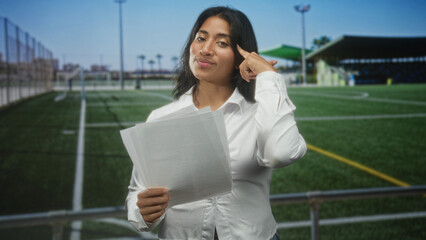 Fototapeta premium Woman holding papers and points finger to temple at a soccer stadium building while speaking into camera; confidence persuasion.