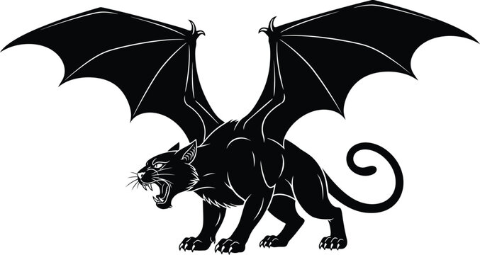 A black creature with wings and a tail standing on four legs and roaring loudly