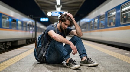 Fototapeta premium Sad man sitting alone at train station during night time