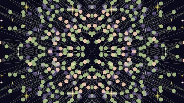 Abstract network of connected dots forming symmetrical radial pattern in lavender pastel green and peach against dark background