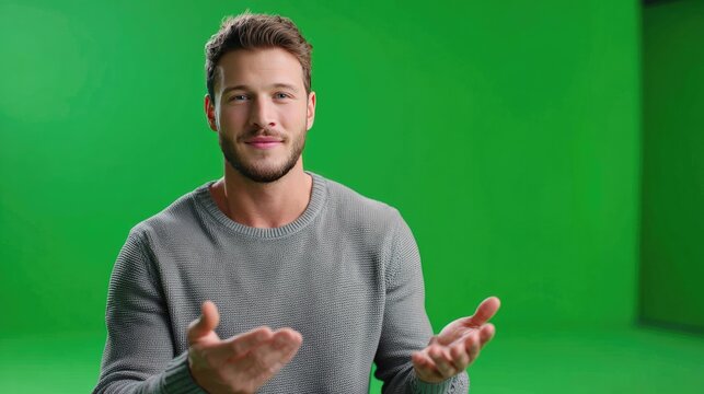 Smiling Man with Green Screen Background: A friendly man with a beard smiles warmly, gesturing with his hands in front of a vibrant green screen, ready for any creative project.