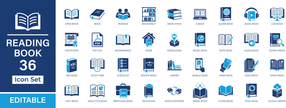 Reading Book solid icon set of 36 icons . Education, library, e book, audiobook, knowledge and learning elements. Vector illustration.