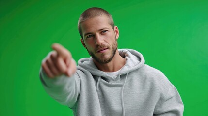 Fototapeta premium You're Chosen: A determined young man in a gray hoodie points directly at the viewer, his gaze intense, against a vibrant green backdrop. This image conveys a sense of direction, selection.