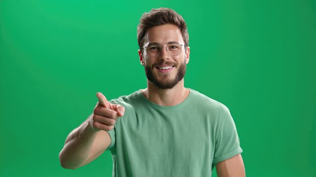 A Confident Gesture: A man with glasses and a beard points forward with a smile, conveying assurance and directness against a vibrant green background.