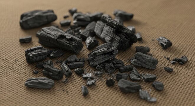 Pile of Natural Black Coal Chunks on Textured Surface.