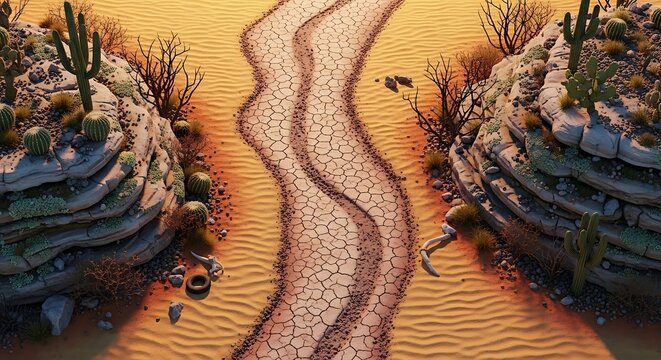 Desert landscape with sandy pathway.