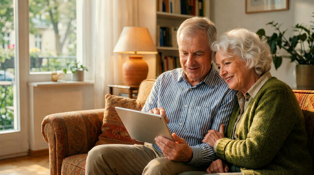 Happy senior couple using a tablet together on the sofa. Smiling elderly man and woman browsing the internet in a cozy living room. Retirement lifestyle and modern technology concept