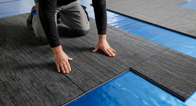professional carpet tile installation | installing grey office carpet flooring | flooring contractor laying modular carpet squares | home renovation floor project