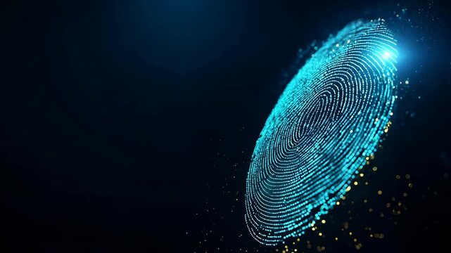Glowing digital fingerprint made of blue biometric data particles and light dark background. futuristic identity authentication and security pattern technology with digital biometric identity