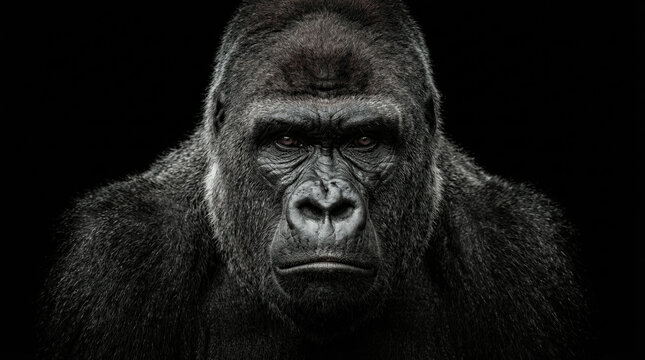 A gorilla stares directly at the viewer, displaying its strong facial features