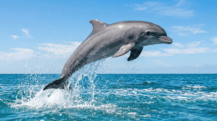 Fototapeta premium A dolphin leaps from the water, creating a splash in the ocean
