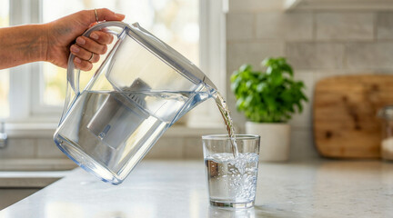 Hand pouring fresh filtered water from a plastic pitcher into a glass. Clear drinking water in a bright modern kitchen. Hydration and healthy lifestyle concept