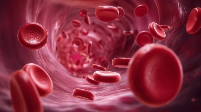 Red blood cell closeup blood vessel interior showing flowing erythrocyte cells with red blood flow circulation bloodstream microscopic medical illustration of microcirculation cellular biology blood