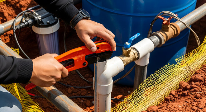 Professional plumber cutting PVC pipe | outdoor water filtration system installation | hands using plastic pipe cutter tool | industrial water pipe connection process